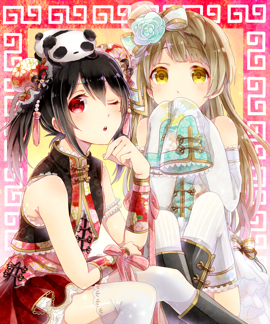 2girls ;o animal_on_head bare_shoulders black_hair blush boots brown_hair bun_cover chinese_clothes covering_mouth detached_sleeves hair_ornament looking_at_viewer love_live!_school_idol_project minami_kotori multiple_girls one_eye_closed panda panda_on_head poison916 red_eyes short_twintails sitting skirt sleeves_past_wrists striped striped_legwear thigh-highs twintails vertical-striped_legwear vertical_stripes white_legwear yazawa_nico yellow_eyes zettai_ryouiki