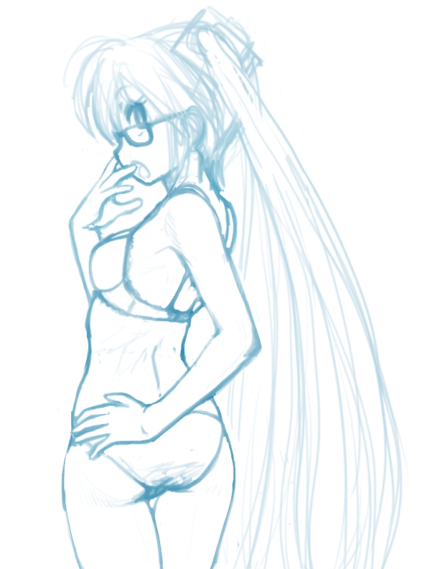 1girl ass bespectacled bra glasses hand_on_hip hatsune_miku long_hair looking_back monochrome o-minato open_mouth panties sketch solo twintails underwear very_long_hair vocaloid