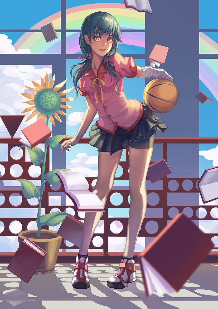 1girl bandages bangs basketball bike_shorts black_hair blouse book brown_eyes clouds error flower hair_ribbon hanamonogatari holding kanbaru_suruga leaning_forward long_hair looking_at_viewer madyy miniskirt monogatari_(series) open_book open_mouth orange_eyes plant pleated_skirt potted_plant railing rainbow ribbon school_uniform shoes short_sleeves skirt sky sleeves_folded_up smile standing sunflower twintails