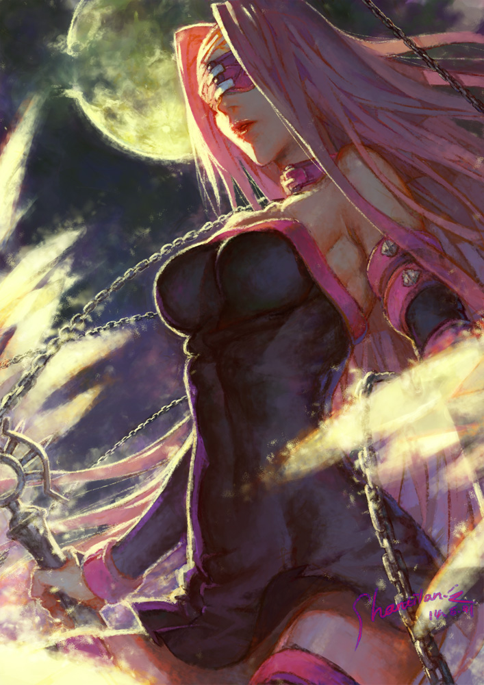 1girl blindfold breasts chain collar dagger fate/stay_night fate_(series) full_moon long_hair moon purple_hair rider shaliva solo very_long_hair weapon
