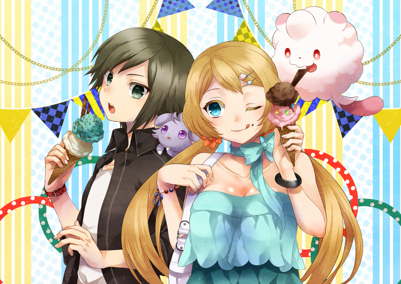 1boy 1girl ;p alternate_costume alternate_hairstyle bag bare_shoulders blonde_hair blue_eyes bowtie bracelet breasts brown_hair calme_(pokemon) cleavage eating espurr flower food hair_flower hair_ornament hairclip handbag ice_cream irouha jacket jewelry long_hair one_eye_closed pokemon pokemon_(creature) pokemon_(game) pokemon_xy serena_(pokemon) swirlix tongue tongue_out twintails