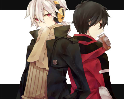 2boys back-to-back black_hair bookcage can coat headphones jacket kagerou_project kisaragi_shintarou konoha_(kagerou_project) letterboxed lowres multiple_boys open_mouth red_eyes scarf scarf_over_mouth shirt short_hair striped striped_shirt winter_clothes