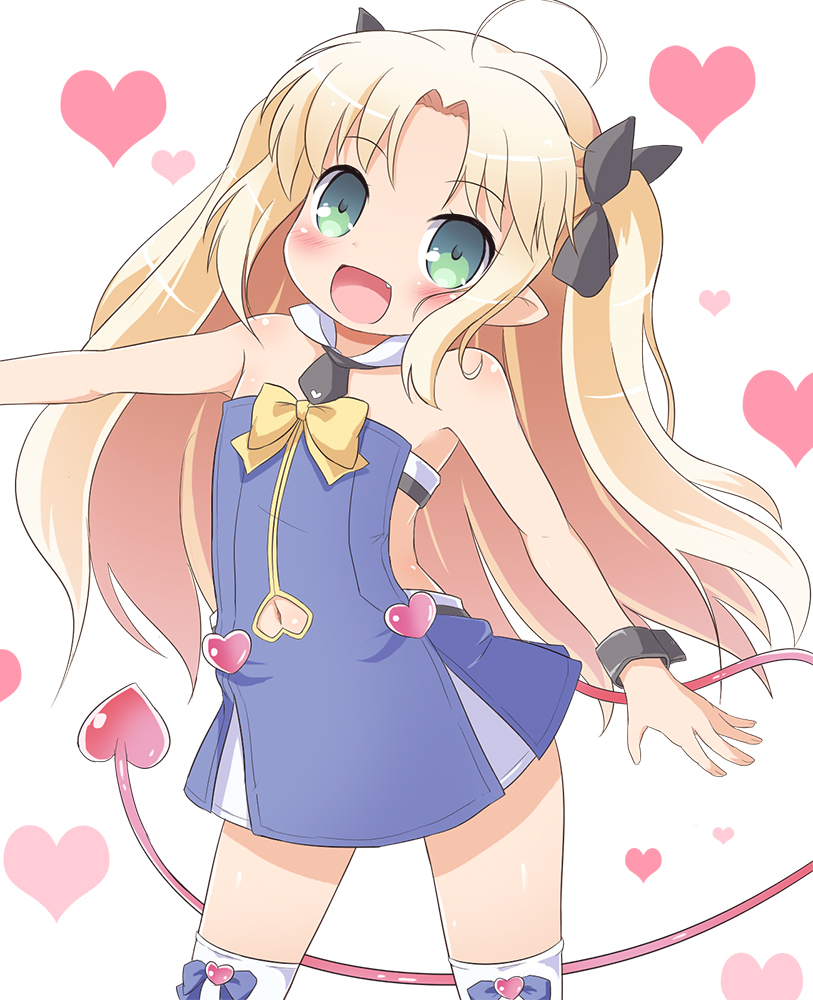 1girl :d ahoge astarotte_ygvar bare_shoulders blonde_hair bow bow_legwear demon_tail detached_collar dress fang green_eyes hair_ribbon heart heart_background heart_cutout long_hair lotte_no_omocha! navel navel_cutout nekono_rin open_mouth outstretched_arm pointy_ears ribbon simple_background smile solo tail thigh-highs twintails white_background white_legwear wrist_cuffs