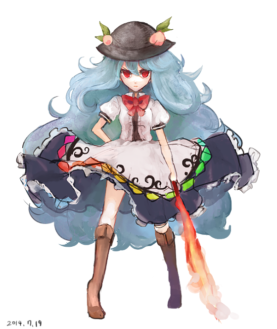 1girl 2014 annoyed big_hair blue_hair boots bowtie dated flaming_sword food fruit full_body hat hinanawi_tenshi knee_boots long_hair long_skirt mochacot peach puffy_short_sleeves puffy_sleeves red_eyes short_sleeves skirt solo sword sword_of_hisou touhou very_long_hair weapon white_background