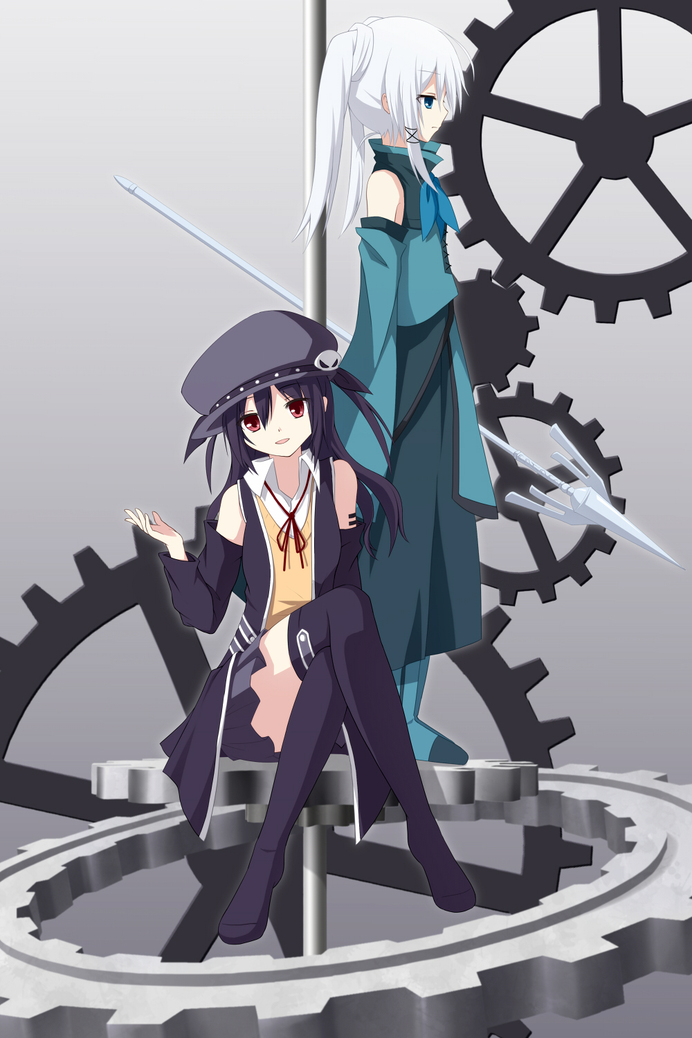 2girls 3: :d black_hair blue_eyes ciel_sacred gears hat hayano_hikari highres holding long_hair looking_at_viewer multiple_girls open_mouth pixiv_fantasia pixiv_fantasia_5 polearm red_eyes sitting smile spear standing tagme thigh-highs twintails weapon white_hair zettai_ryouiki