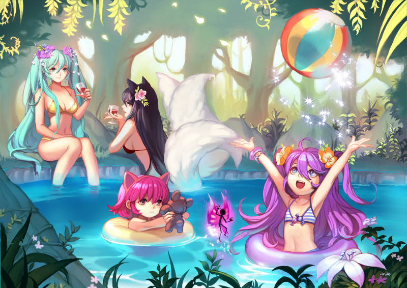 &gt;:( 4girls ahri alternate_costume animal_ears annie_hastur armpits arms_up ask_(dreaming_cat) ball beachball bikini blue_eyes blue_hair breasts flat_chest flower flower_on_head forest fox_ears fox_tail hairband league_of_legends lipstick long_hair looking_at_another looking_up lulu_(league_of_legends) makeup midriff multiple_girls multiple_tails nature outdoors partially_submerged pix pool purple_hair red_bikini red_eyes redhead serious short_hair sideboob sitting sona_buvelle swimsuit tail tibbers tree_shade twintails violet_eyes yellow_bikini yordle