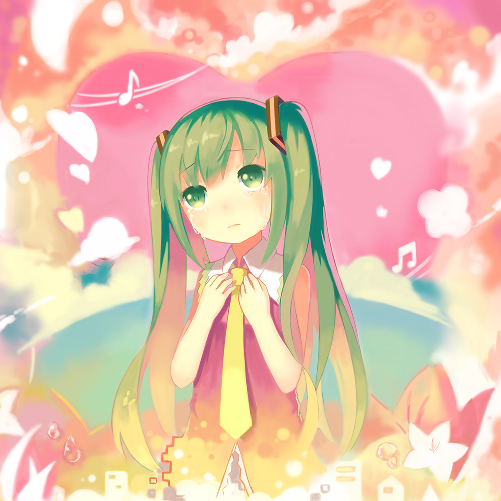 1girl 3: beamed_quavers crying crying_with_eyes_open green_eyes green_hair hair_ornament hands_on_own_chest hatsune_miku heart lino-lin long_hair looking_at_viewer musical_note necktie sketch solo streaming_tears tagme tears twintails vocaloid