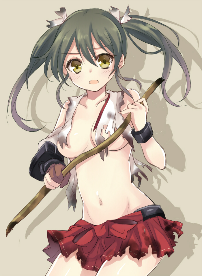 1girl black_hair bow_(weapon) breasts broken broken_weapon gloves hair_ribbon harimoji kantai_collection looking_at_viewer mound_of_venus navel open_mouth ribbon solo torn_clothes twintails under_boob weapon yellow_eyes zuikaku_(kantai_collection)