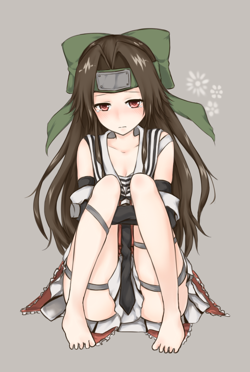1girl barefoot black_gloves blush bow brown_hair forehead_protector gloves hair_bow hair_intakes highres jintsuu_(kantai_collection) kantai_collection knees_to_chest leg_hug long_hair looking_down necktie red_eyes simple_background sitting solo soukitsu tears