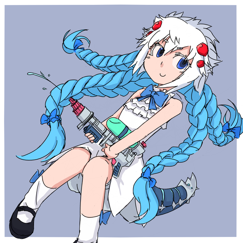 1girl blue_eyes braid dress extra_eyes genderswap ipaanbaa kog'maw league_of_legends mary_janes personification red_eyes shoes solo tail water_gun white_dress