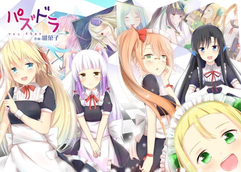6+girls :d :o ahoge alternate_costume amaterasu_(p&amp;d) animal_ears apron aqua_hair archangel_metatron_(p&amp;d) bespectacled bikini black_dress black_hair blonde_hair blue_eyes blue_sky blush bow braid breasts cat_ears cleavage closed_eyes clouds cover cover_page covering_mouth double_bun doujin_cover dragon_girl dragon_horns dress elbow_gloves forehead frilled_dress frills glasses gloves green_eyes hair_over_one_eye hair_ribbon hair_strand haku_(p&amp;d) hand_on_own_face hands_together hat hat_ribbon head_fins headpiece heart heart_hands horns jewelry karin_(p&amp;d) leiran_(p&amp;d) light_particles long_hair looking_at_viewer maid_apron maid_headdress meimei_(p&amp;d) multicolored_hair multiple_girls necklace open_mouth orange_eyes orange_hair pandora_(p&amp;d) pink_hair ponytail puffy_short_sleeves puffy_sleeves purple_hair purple_hat puzzle_&amp;_dragons red_bow red_eyes red_ribbon ribbon sakuya_(p&amp;d) school_uniform serafuku short_sleeves side_ponytail sky sleeveless sleeveless_dress smile swimsuit tailam text twin_braids two-tone_hair wavy_hair wedding_dress white_bikini white_dress white_gloves white_hair white_ribbon white_swimsuit wrist_cuffs wristband yomi_(p&amp;d)
