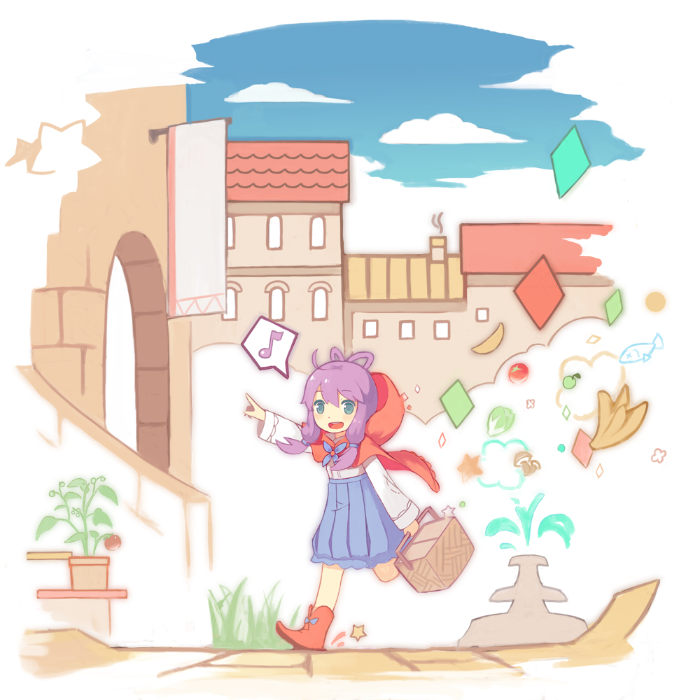 1girl :d banana black_eyes carrying clouds fish food fountain fruit hood lino-lin little_red_riding_hood looking_at_viewer luo_tianyi musical_note open_mouth picnic_basket plant pointing potted_plant purple_hair quaver running skirt sky smile solo spoken_musical_note tagme vocaloid