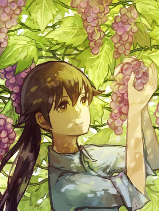 amber_eyes angela_salas_larrazabal brown_hair collared_shirt food fruit grapes leaf long_hair picking_fruit ponytail shirono_kuma sleeves_rolled_up smile strike_witches