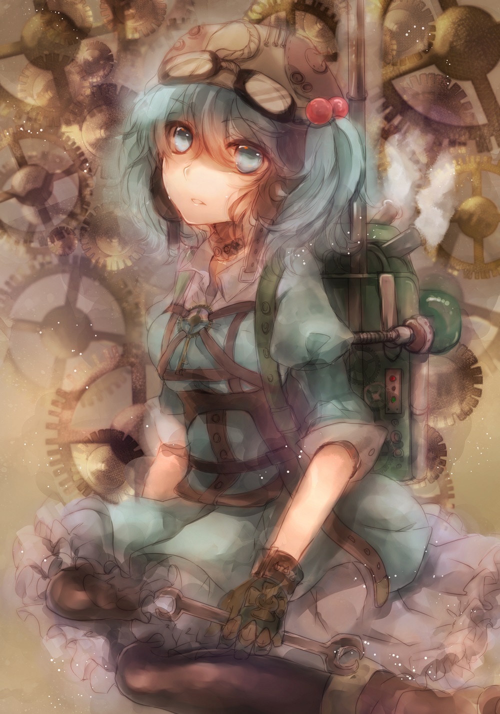 1girl backpack bag black_legwear blue_eyes blue_hair boots brown_boots cattail dress fingerless_gloves frilled_skirt frills gears gloves goggles goggles_on_hat hair_bobbles hair_ornament hat highres kawashiro_nitori key looking_at_viewer machinery mechanic mechanical pantyhose plant pocket puffy_sleeves short_hair short_sleeves short_twintails sitting skirt skirt_set skura01 sleeves_rolled_up solo steam steampunk thigh-highs touhou twintails wariza wrench