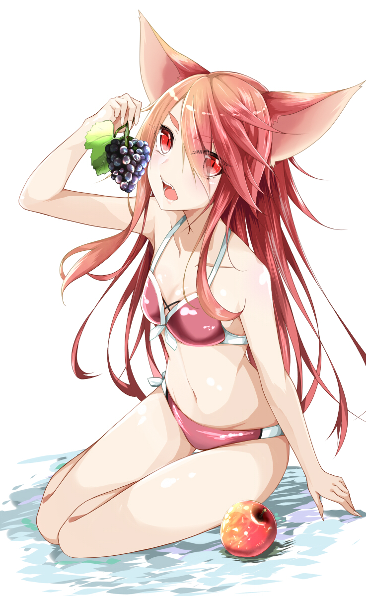 1girl animal_ears bikini brown_hair food fruit grapes highres long_hair open_mouth original red_eyes swimsuit tazaki_hayato