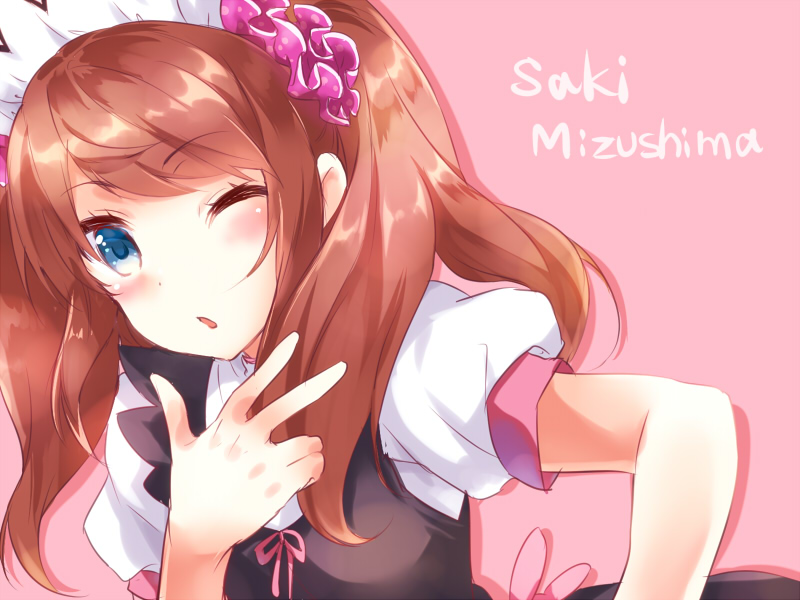 1boy blue_eyes blush brown_hair crossdressinging idolmaster idolmaster_side-m long_hair looking_at_viewer maid_headdress male maruki_(punchiki) mizushima_saki open_mouth smile solo trap twintails v w wink