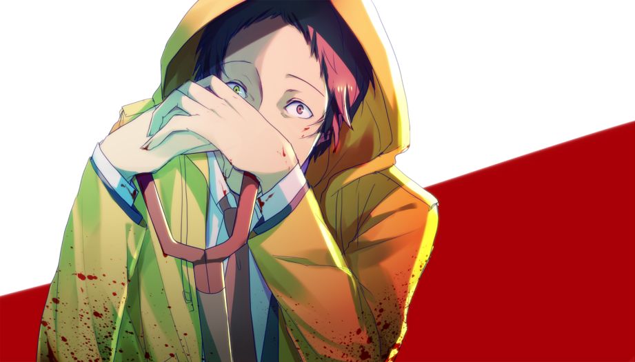 1boy adachi_tooru blood blood_splatter bloody_clothes ebi_skak necktie persona persona_4 persona_4:_the_ultimate_in_mayonaka_arena persona_4:_the_ultimax_ultra_suplex_hold raincoat shovel solo worktool