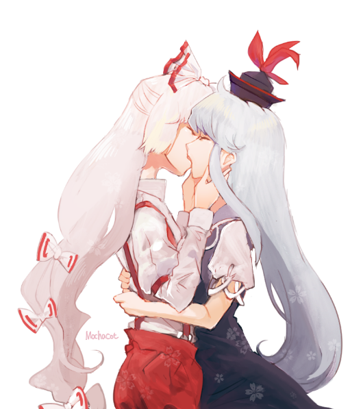 2girls arm_garter artist_name closed_eyes couple dress_shirt fujiwara_no_mokou hair_ribbon hands_on_own_face hat holding hug kamishirasawa_keine kiss long_hair long_sleeves mochacot multiple_girls ribbon shirt short_sleeves side silver_hair touhou tress_ribbon very_long_hair white_background white_hair white_shirt yuri