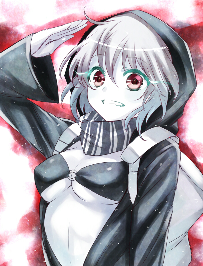 1girl backpack bag breasts glasses grin harimoji hooded_jacket kantai_collection looking_at_viewer o-ring_top open_clothes open_shirt pale_skin re-class_battleship red_eyes salute scarf shinkaisei-kan short_hair silver_hair smile solo under_boob