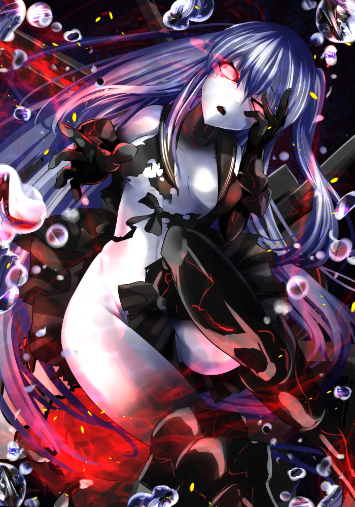 1girl aircraft_carrier_hime gauntlets glowing glowing_eyes hand_on_own_chest janne_cherry kantai_collection long_hair looking_at_viewer no_bra no_panties no_pupils one_side_up open_mouth outstretched_hand pale_skin red_eyes shinkaisei-kan solo torn_clothes very_long_hair