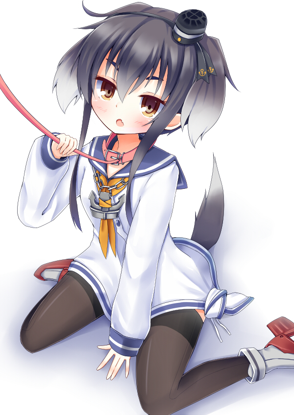 1girl animal_ears black_legwear blush brown_eyes collar dog_collar dog_ears dog_tail esureki fang gradient_hair hairband kantai_collection kemonomimi_mode leash long_sleeves multicolored_hair neckerchief open_mouth revision school_uniform seamed_legwear serafuku short_hair short_hair_with_long_locks side-seamed_legwear sitting solo tail thigh-highs tokitsukaze_(kantai_collection) wariza white_background