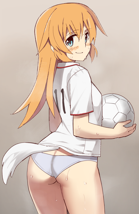 1girl 2014_fifa_world_cup ass ball blue_eyes charlotte_e_yeager glastonbury1966 looking_at_viewer no_pants orange_hair panties smile soccer_ball soccer_uniform solo sportswear strike_witches sweat tail underwear white_panties world_cup