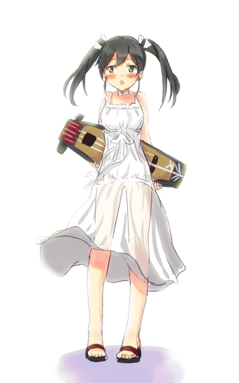 1girl alternate_costume black_eyes black_hair blush carrying choker commentary_request dress engiyoshi flight_deck full_body hair_ornament hair_ribbon highres kantai_collection no_panties open_mouth ribbon sandals see-through simple_background solo standing tagme twintails white_background white_dress zuikaku_(kantai_collection)