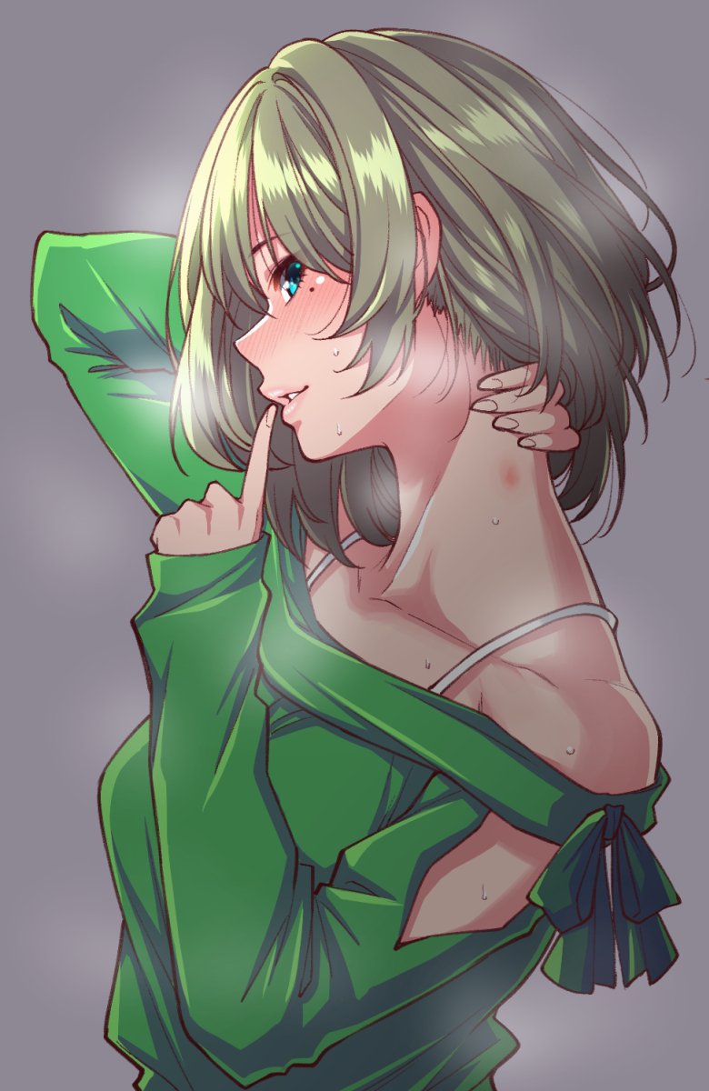 1girl bangs blush breasts brown_hair collarbone finger_to_mouth green_eyes green_sweater grey_background hand_on_neck heavy_breathing hickey highres idolmaster idolmaster_cinderella_girls index_finger_raised looking_at_viewer looking_to_the_side medium_breasts mole mole_under_eye neck off-shoulder_sweater off_shoulder parted_lips short_hair shouji_nigou simple_background smile solo spaghetti_strap sweat sweater takagaki_kaede