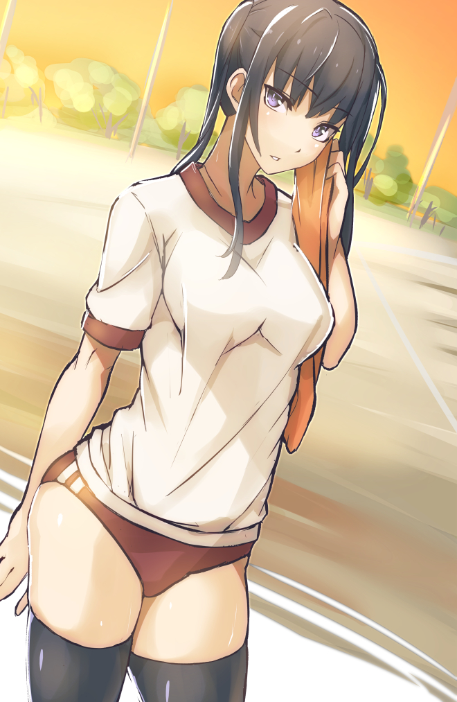 1girl arm_behind_back black_hair black_legwear breasts buruma gym gym_uniform impossible_clothes impossible_shirt long_hair looking_at_viewer one_side_up original outdoors shinon_(tokage_shuryou) solo sunset thigh-highs towel violet_eyes