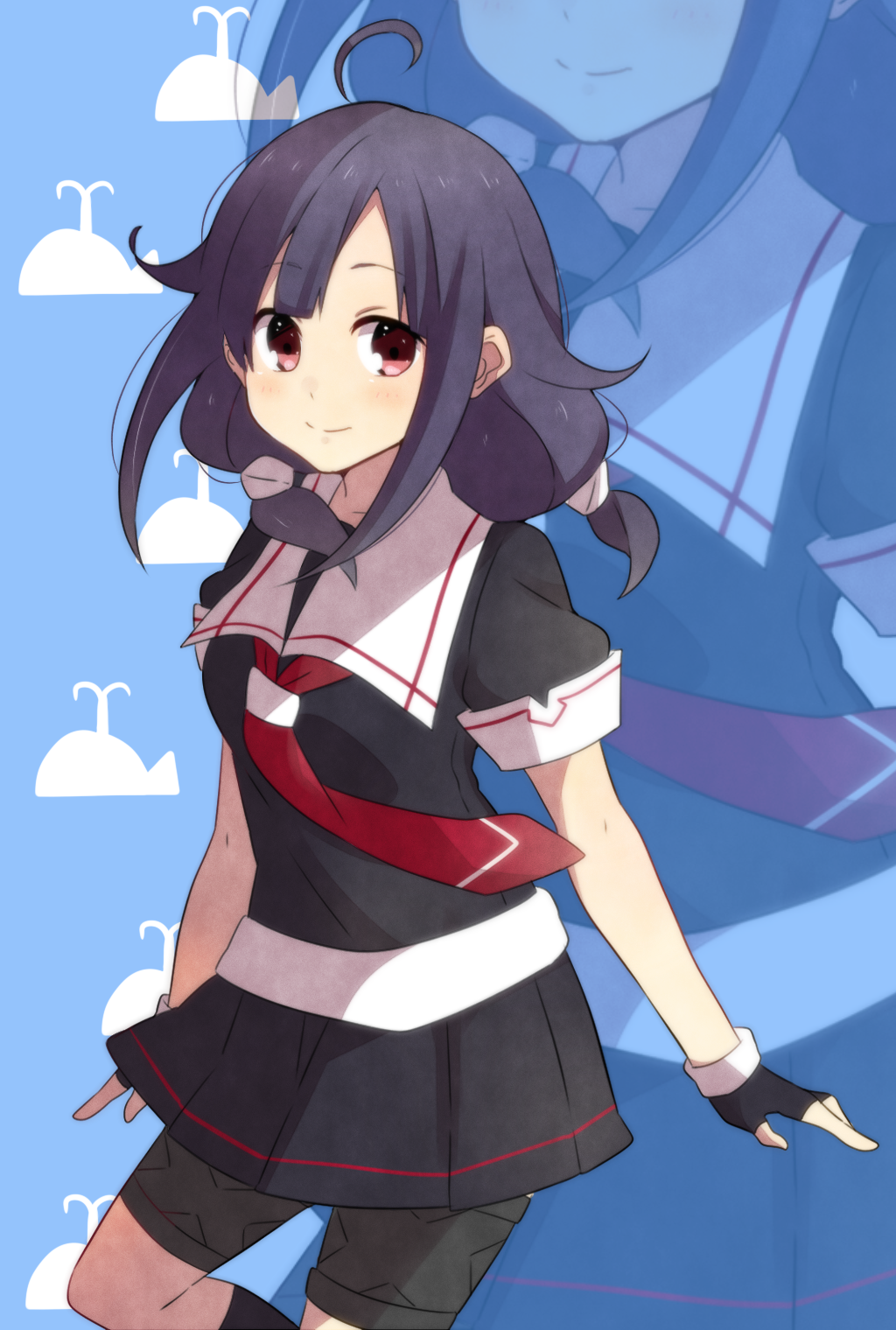 1girl ahoge alternate_costume black_gloves black_hair cosplay fingerless_gloves gloves highres kantai_collection looking_at_viewer low_twintails pleated_skirt red_eyes school_uniform serafuku shigure_(kantai_collection) shigure_(kantai_collection)_(cosplay) skirt smile solo tagme taigei_(kantai_collection) twintails wind yukichi_(eikichi) zoom_layer