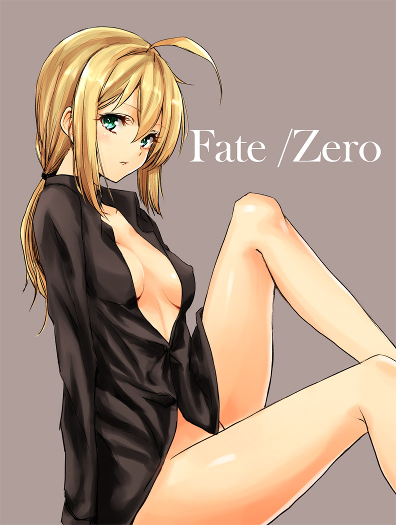 1girl ahoge aqua_eyes bare_legs blonde_hair copyright_name derivative_work fate/zero fate_(series) grey_background harino646 long_hair open_clothes open_shirt payot ponytail saber small_breasts solo