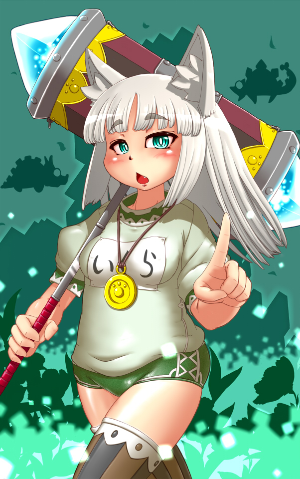 1girl 7th_dragon animal_ears buruma d01 fox_ears green_eyes gym_uniform huge_weapon looking_at_viewer mage_(7th_dragon) medallion open_mouth pointing pointing_at_viewer solo thigh-highs warhammer weapon white_hair