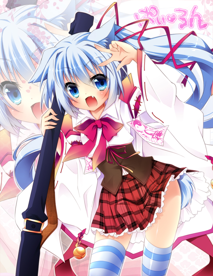 1girl animal_ears blue_eyes blue_hair carrying character_request dog_ears dog_tail fang leaning_forward long_hair looking_at_viewer momoiro_taisen_pairon natsuki_yuu_(amemizu) nontraditional_miko ofuda plaid plaid_skirt pleated_skirt ponytail ribbon-trimmed_sleeves ribbon_trim skirt solo striped striped_legwear tagme tail thigh-highs translation_request v wide_sleeves zettai_ryouiki zoom_layer