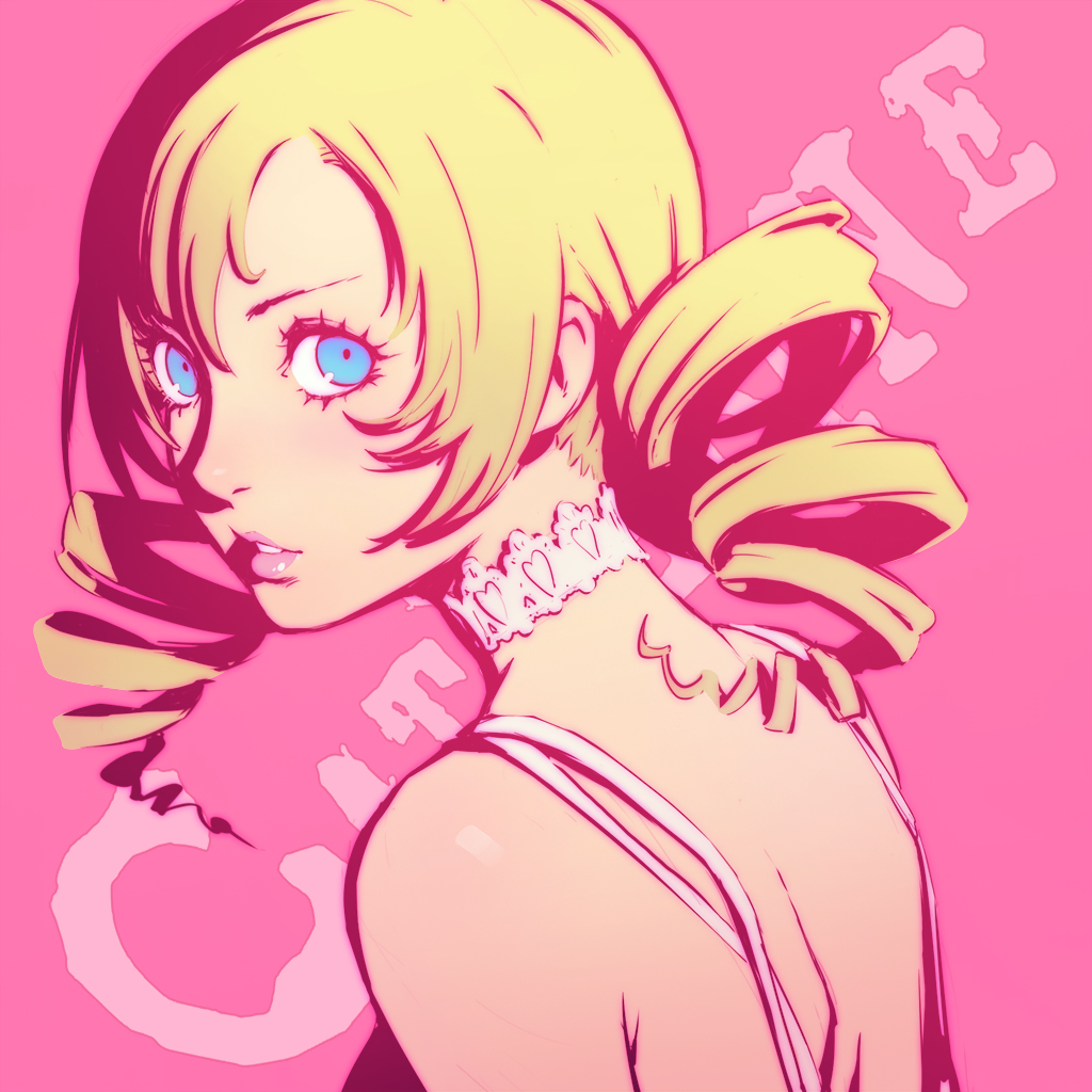 1girl bare_shoulders blonde_hair blue_eyes catherine catherine_(game) character_name collar copyright_name drill_hair flat_color ilya_kuvshinov lips long_hair looking_at_viewer looking_back pink_background simple_background solo twin_drills