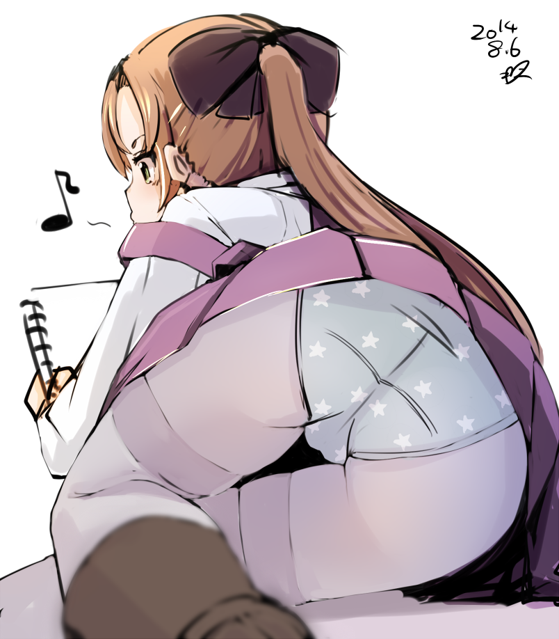1girl akigumo_(kantai_collection) ass blue_panties blurry bow brown_hair dated depth_of_field from_behind green_eyes hair_bow kantai_collection long_hair lying momo_(higanbana_and_girl) musical_note on_stomach panties panties_over_pantyhose pantyhose ponytail quaver sketchbook skirt solo star_print thigh_gap thighband_pantyhose underwear white_background white_legwear