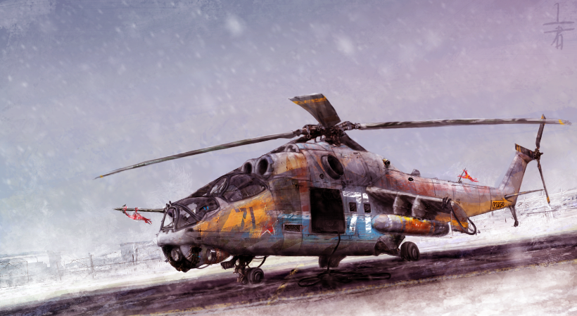 building cannon helicopter mi-24 military_base original rocket snow snowing yu-kun