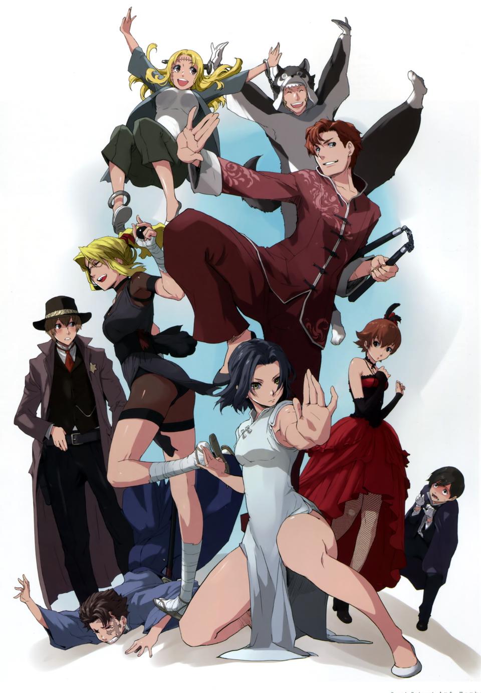 alternate_costume baccano! black_hair blonde_hair brown_hair chane_laforet child chinese_clothes claire_stanfield closed_eyes czeslaw_meyer dress enami_katsumi ennis everyone eyepatch firo_prochainezo glasses gloves happy hat highres isaac_dian jacuzzi_splot long_hair miria_harvent nice_holystone ponytail redhead short_hair