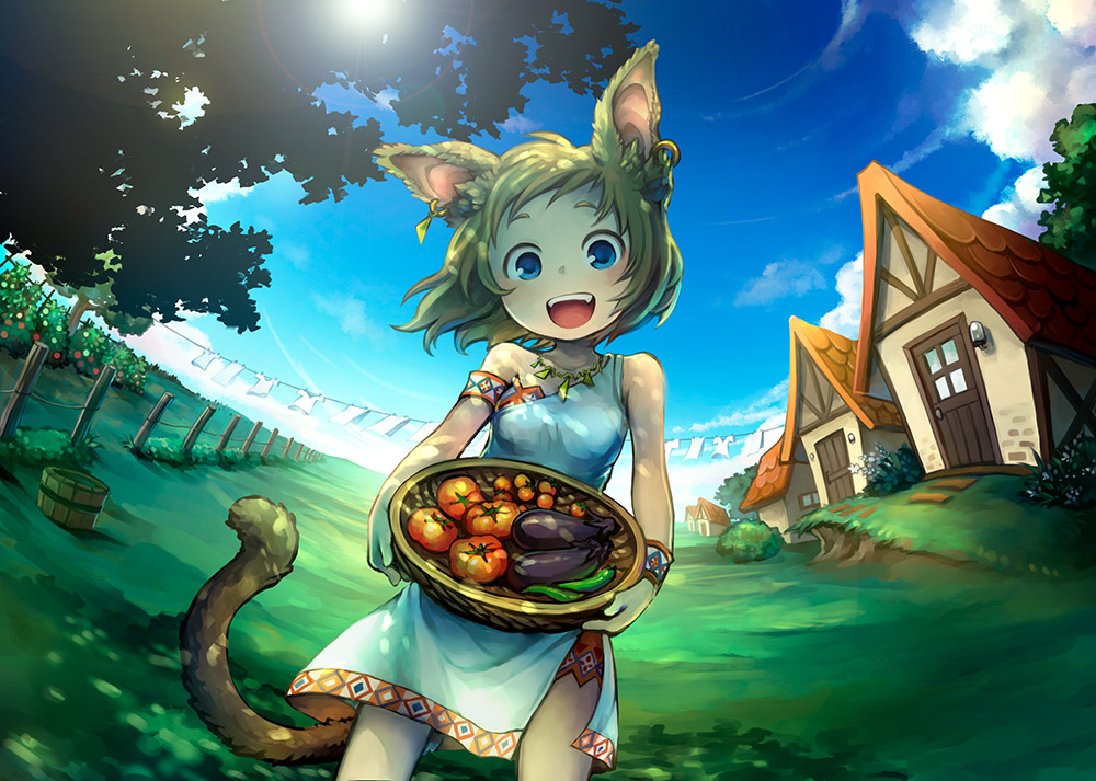 1girl :d animal_ears armband bare_shoulders basket blonde_hair blue_eyes bracelet cat_ears cat_tail clothesline dress earrings eggplant fang grass happy house jewelry kiitos necklace open_mouth original pepper short_hair sky smile solo tail tomato tree