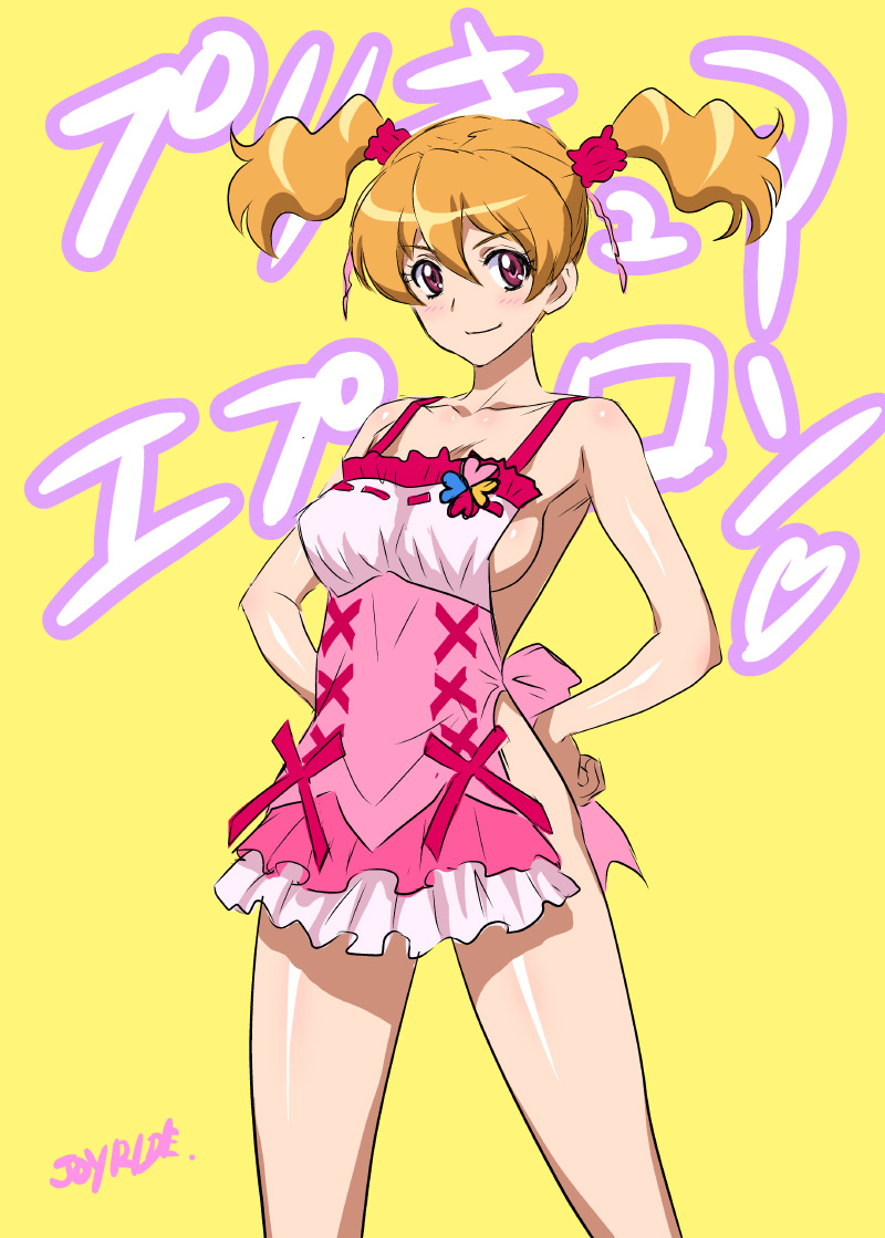 1girl apron breasts brown_hair collarbone cure_peach fresh_precure! hands_on_hips joy_ride momozono_love naked_apron pink_eyes precure short_hair short_twintails sideboob signature smile solo standing twintails yellow_background