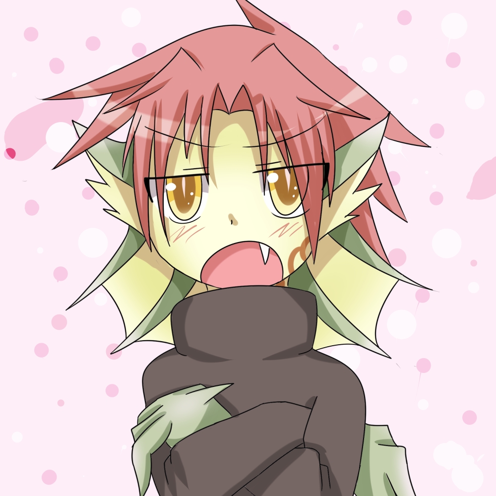 1girl bangs blush bust crossed_arms dragon_girl facial_tattoo fang granberia looking_at_viewer mon-musu_quest! monster_girl open_mouth redhead scales shadow short_hair solo sweater tattoo turtleneck yellow_eyes