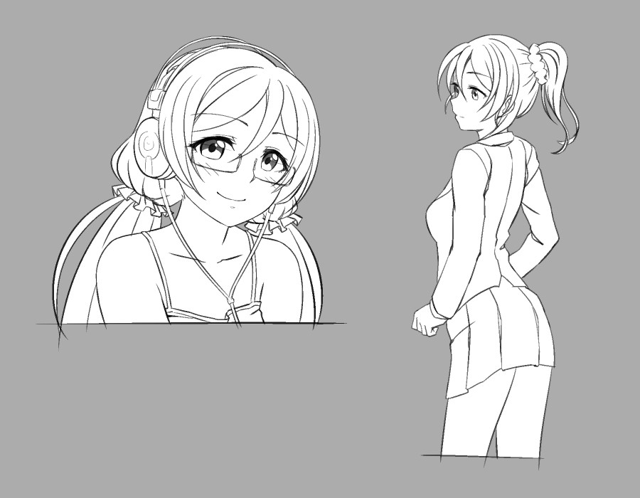 2girls ayase_eli bespectacled collage face glasses grey_background headphones long_hair love_live!_school_idol_project low_twintails multiple_girls pas_(paxiti) ponytail school_uniform scrunchie semi-rimless_glasses sketch smile toujou_nozomi twintails under-rim_glasses