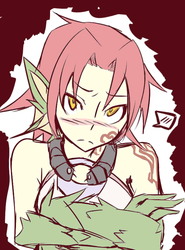 1girl bangs bare_shoulders blush bust crossed_arms dragon_girl facial_tattoo granberia incko looking_at_viewer mon-musu_quest! payot pointy_ears redhead scales short_hair sketch solo speech_bubble tattoo yellow_eyes