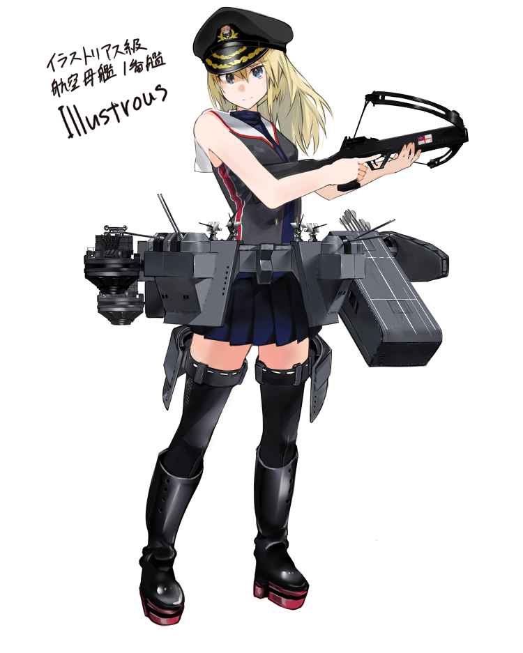 1girl bare_shoulders black_legwear blonde_hair blue_eyes boots bow_(weapon) crossbow fujibejifu hat hms_illustrious kantai_collection long_hair looking_at_viewer military_cap miniskirt original peaked_cap pleated_skirt sailor_collar simple_background skirt sleeveless smile solo thigh-highs translated weapon white_background zettai_ryouiki