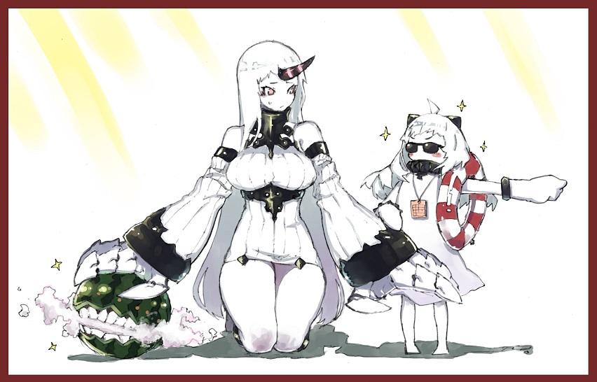 2girls bare_shoulders border breasts claws detached_sleeves dress food fruit horn innertube jpeg_artifacts kantai_collection large_breasts long_hair multiple_girls northern_ocean_hime pale_skin pointing red_eyes ribbed_dress seaport_hime seiza shinkaisei-kan short_dress sideboob sitting sparkle standing sunglasses thighs two-cat-walk very_long_hair watermelon white_background white_hair