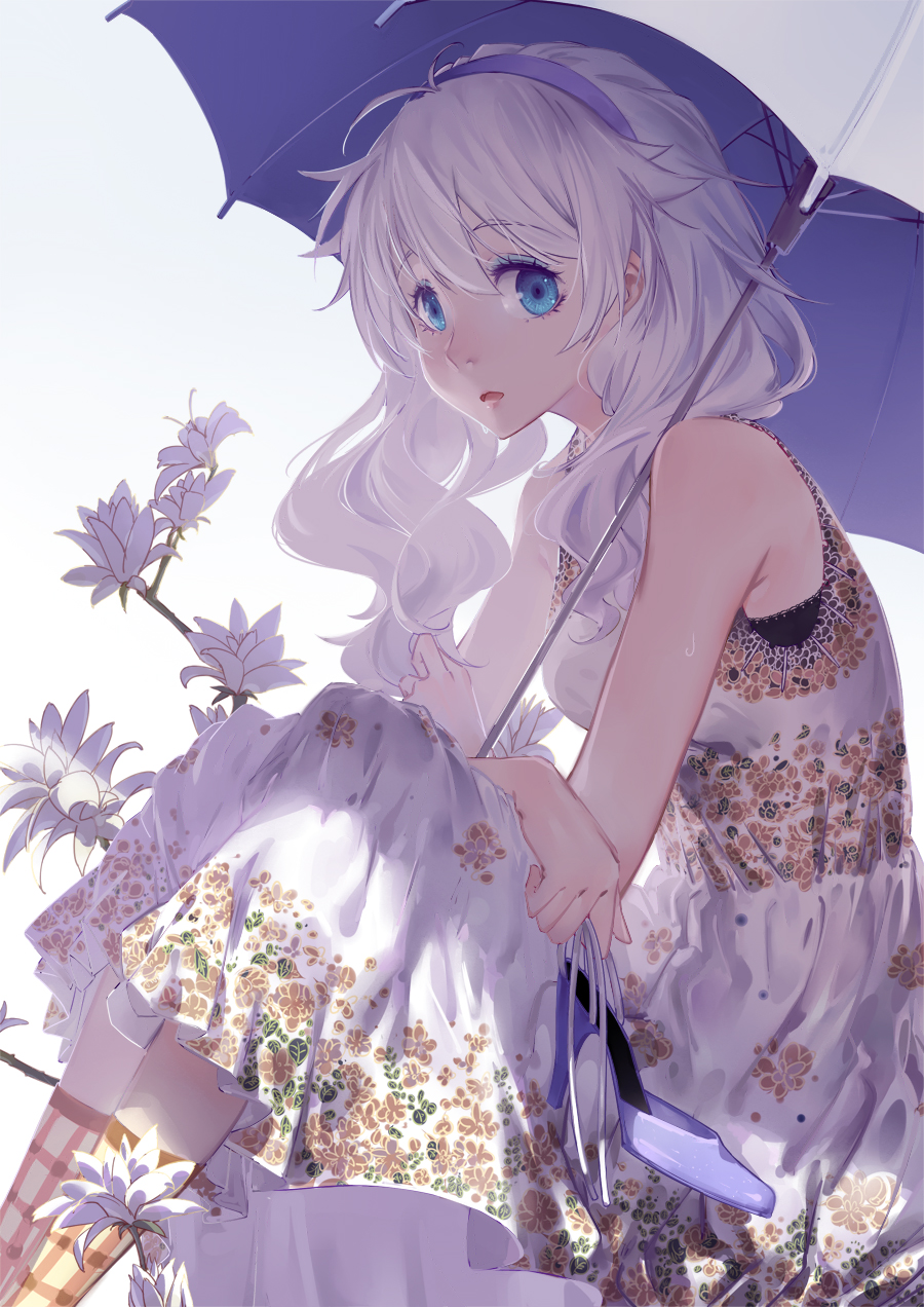 1girl bare_shoulders blue_eyes cici dress flower highres looking_at_viewer original shoes_removed sitting solo umbrella white_hair
