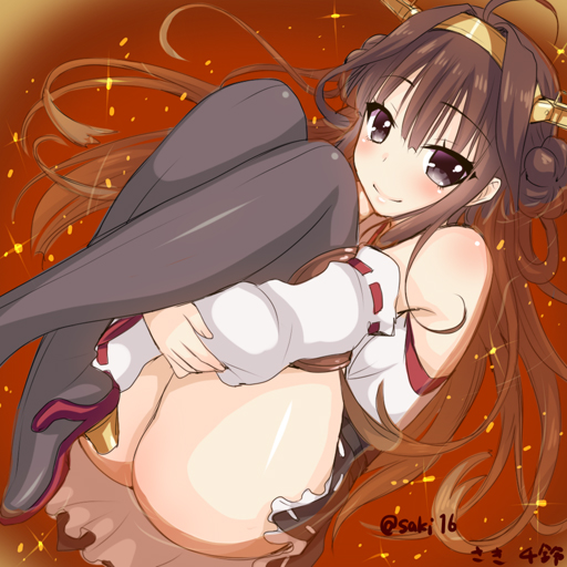 1girl ass bare_shoulders blue_eyes blush boots brown_hair detached_sleeves double_bun fetal_position hairband japanese_clothes kantai_collection kongou_(kantai_collection) long_hair lying nontraditional_miko on_side saki_chisuzu skirt smile solo thigh-highs thigh_boots