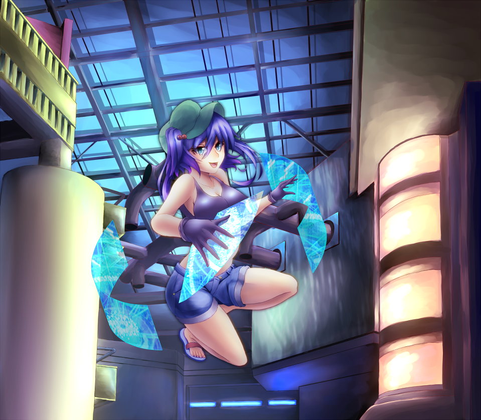 1girl bare_shoulders black_gloves blue_eyes blue_hair breasts cleavage collarbone crop_top denim denim_shorts gloves hair_bobbles hair_ornament hat hologram holographic_interface holographic_monitor holographic_touchscreen indoors kawashiro_nitori key large_breasts open_mouth ryu-ma_(tuylp) sandals short_hair short_sleeves short_twintails shorts slippers smile solo tank_top touhou twintails