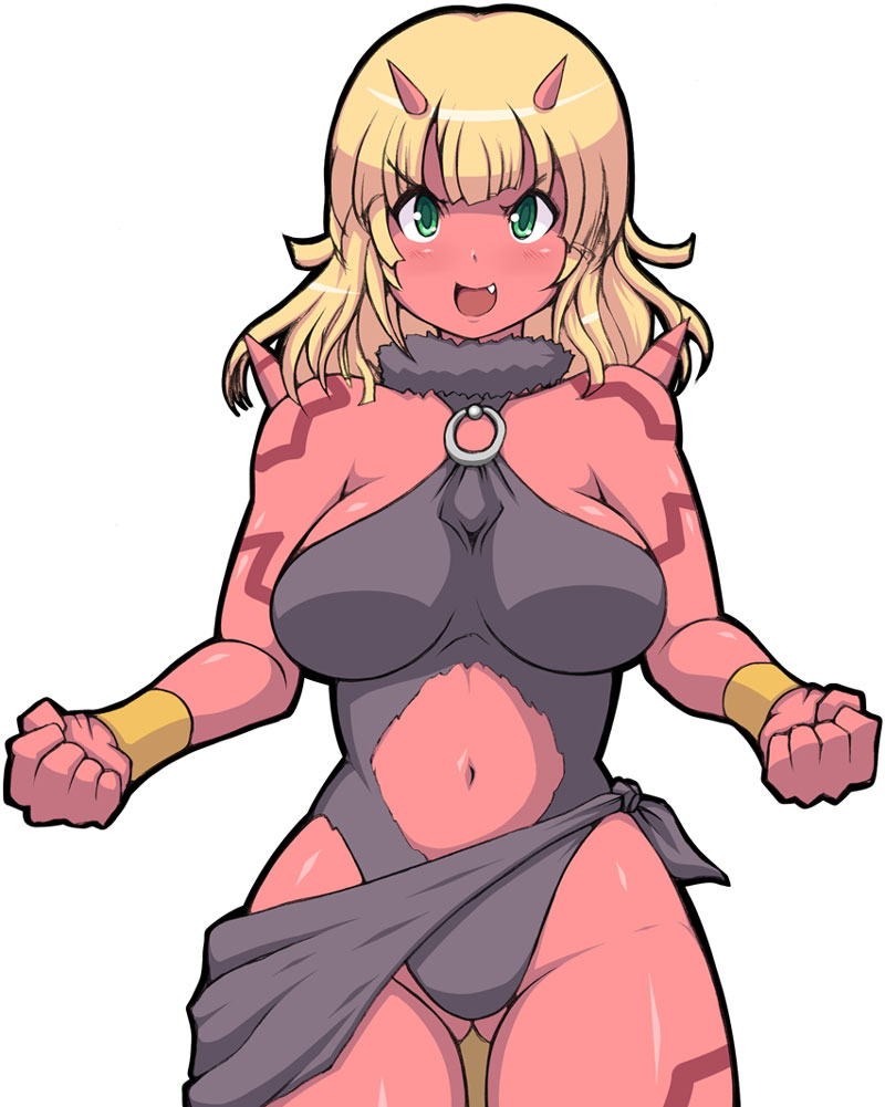 1girl blonde_hair blush breasts dragon_quest dragon_quest_x fang green_eyes horns kihaiu large_breasts looking_at_viewer navel ogre_(dq10) open_mouth red_skin short_hair simple_background solo white_background