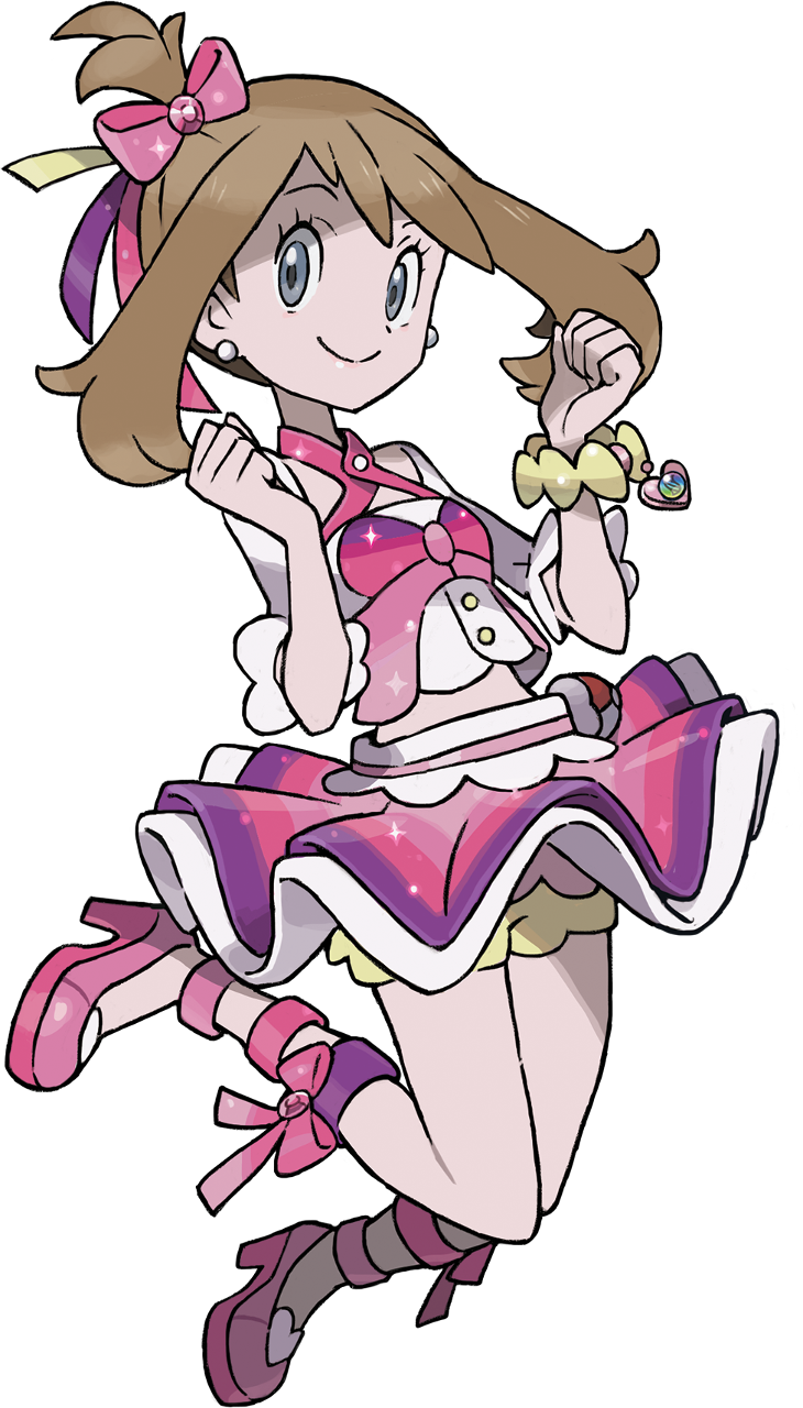 1girl alternate_costume blue_eyes bow brown_hair earrings full_body hair_bow hair_ribbon haruka_(pokemon) haruka_(pokemon)_(remake) heart high_heels highres idol jewelry jumping looking_at_viewer midriff official_art oomura_yuusuke pokemon pokemon_(game) pokemon_oras ribbon short_sleeves shorts_under_skirt showgirl_skirt side_ponytail smile transparent_background two_side_up