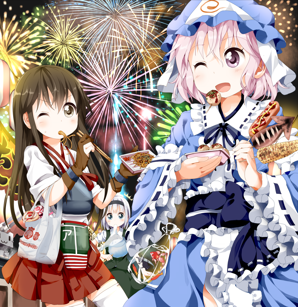 3girls akagi_(kantai_collection) bag blush brown_eyes brown_hair chopsticks crossover eating festival fireworks food japanese_clothes kantai_collection kimono konpaku_youmu long_hair multiple_girls muneate one_eye_closed open_mouth rensouhou-chan saigyouji_yuyuko short_hair smile touhou trait_connection tsurukou_(tksymkw) yugake